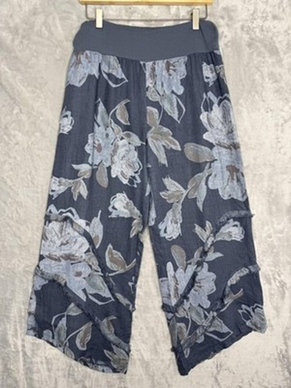 Made In Italy Pants Womens XL Blue Floral Linen Wide Leg Cropped Pull On Boho